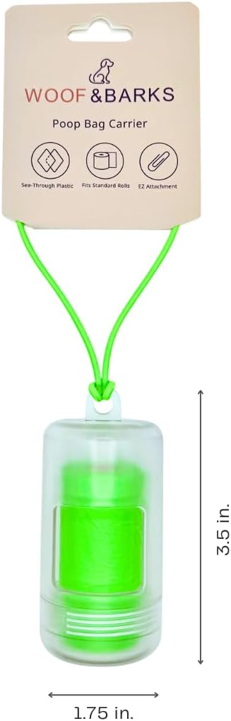 Woof & Barks CLEAR Dog Poop Bag Holder and Dispenser with Leash Attachment, Includes 1 Standard Roll of Green Poop Bags