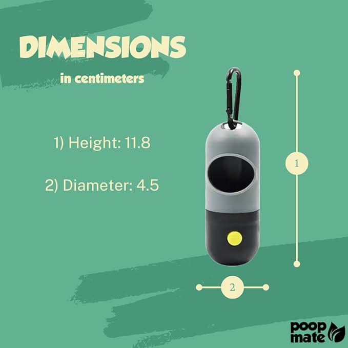 Dog Poop Bag Holder with Flashlight - Waste Bag Dispenser for Night Walks - Durable, Portable with Leash Clip & Carabiner - Includes 15 Dog Poop Bags - Gray