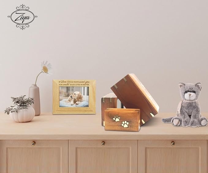 ZIYA Wooden Small Cremation Pet Urn for Dog and Cat Ashes Box | Handmade Wood Memorial Pet Urn | Brass Paws Inlaid | Pet Memorial | Funeral Urns for Pet Ashes | Mini Keepsake | up to 12 Pounds