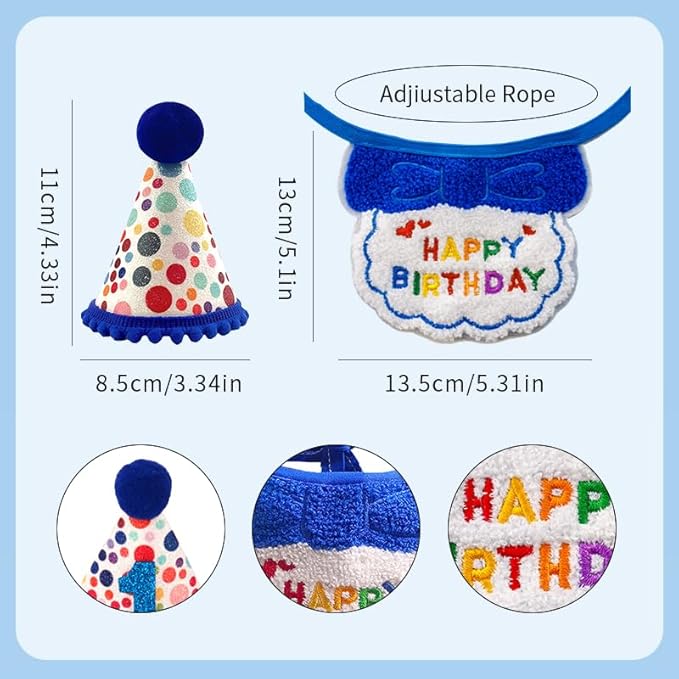 Cat Birthday Hat Decoration & Outfit Set - Adjustable Party Hat with Numbers, Bandana Bow Tie & Balloon Supplies for Cat Costume Photo Shoots(Blue/Pink) (Blue)