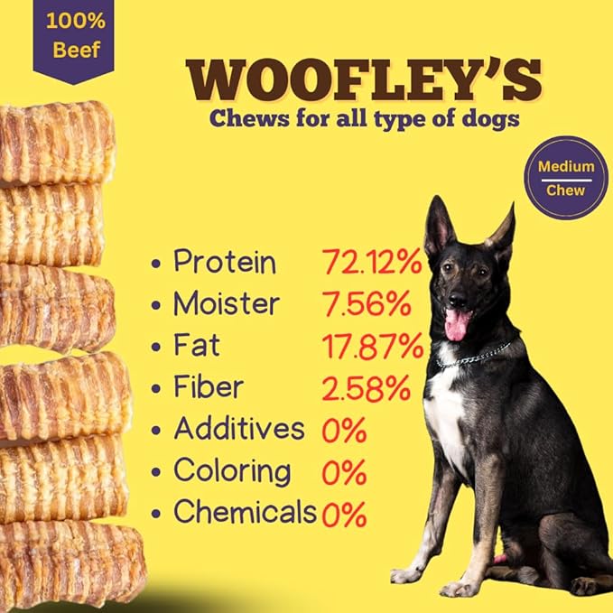 Woofley's Beef Trachea - 3-4 Inch - 50 Pack - Trachea Treats for Dogs - Natural Source of Glucosamine and Chondrotin for Joint Health - 100% Natural Beef Windpipe for Dogs