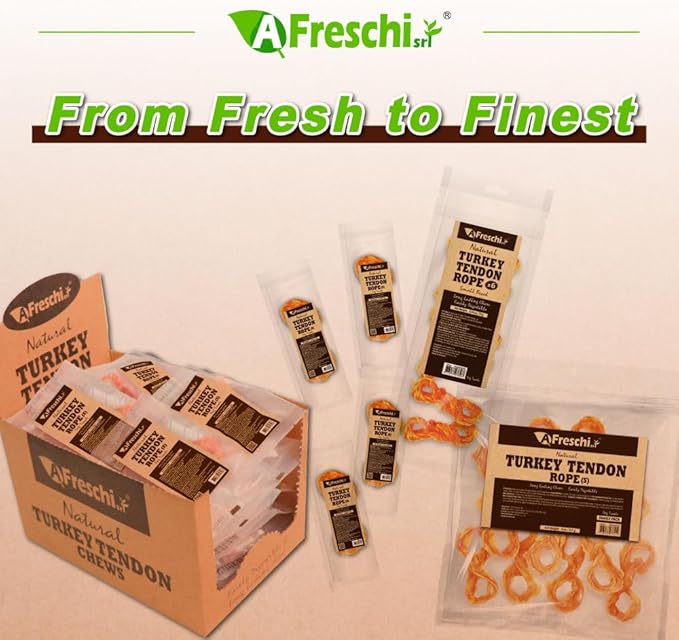 AFreschi Turkey Tendons for Dogs, USA-Sourced, Healthy Dog Treats, Rawhide-Free Puppy Chews, Long Lasting, All Natural, Hypoallergenic Dog Treats for Small Breeds, 40 Count Box Rope (S)