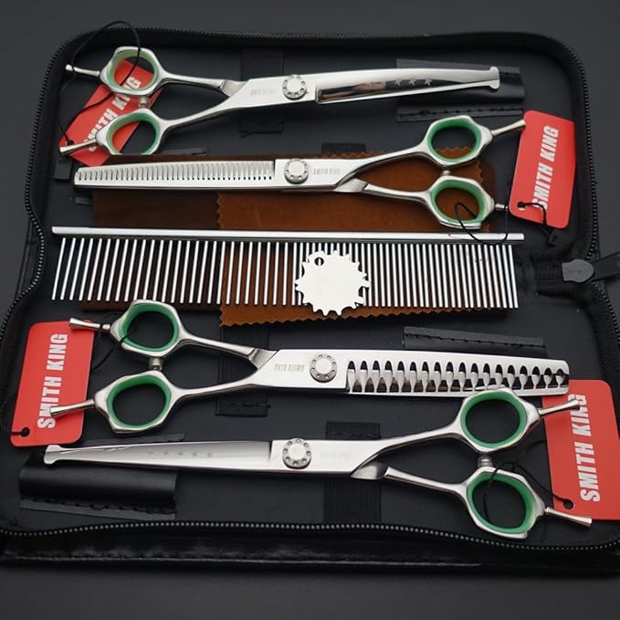 7 inches Safe Dog Grooming Scissors Set with Round Tip,Straight & Thinning & Curved Shears Set with comb for Dog & Cat Grooming &human hair cutting (Green 4 in 1 with comb)