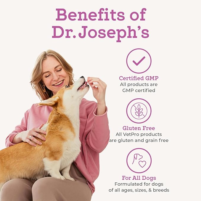 VetPro Complete Dr. Joseph's Peanut Butter Hip and Joint Dog Chews, 60 Count, Pain and Inflammation Relief with Glucosamine, Chondroitin, MSM, Turmeric, Vitamin C, Omega 3, Treats Hip Dysplasia