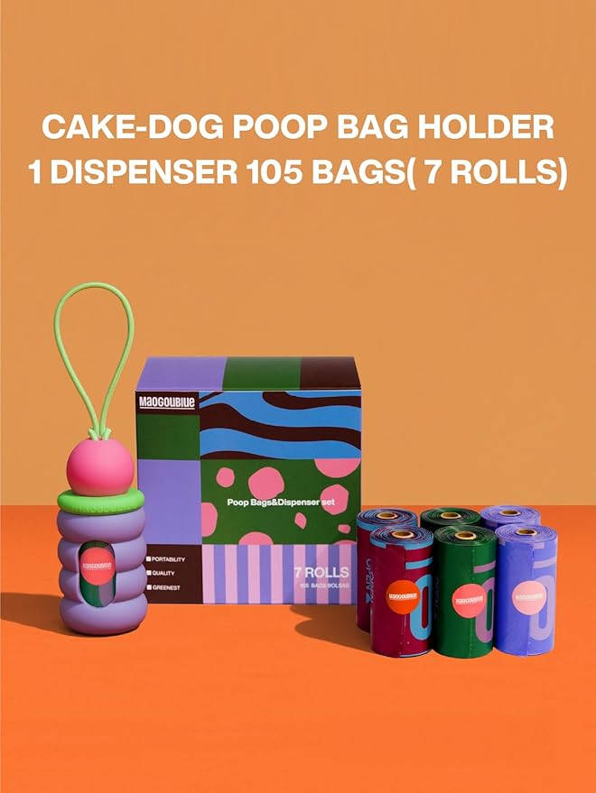 Dog Poop Bags with Dispenser, Leak Proof and Extra Thick Pet Waste Bags for Walking Dog and Cats Litter, 1 Bag Holder and 105 Bags (Purple)