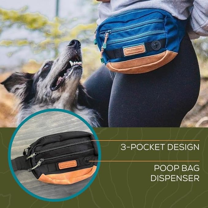 Wilderdog Utility Fanny Pack stores Treats, Balls, Keys in 3 Pockets with adjustable strap and Poop Bag dispenser (Huckleberry)