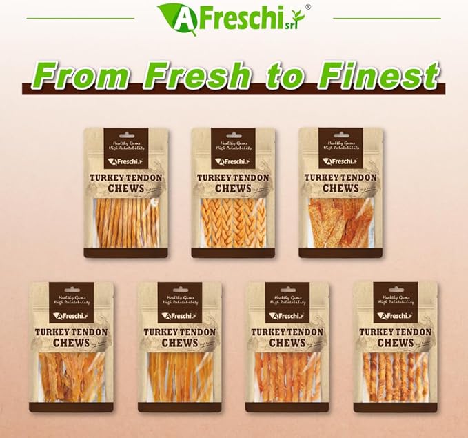 AFreschi Turkey Tendons for Dogs, USA-Sourced, Healthy Dog Treats, Rawhide-Free Puppy Chews, All Natural, Hypoallergenic Dog Treats, Classic Series, Soft Strips with Pumpkin, 3.5 oz Pack