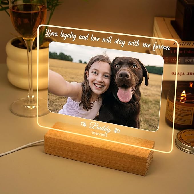 Personalized Pet Memorial Gifts, Pet Loss Gifts in Memory of Dog Night Lights, Custom Dog Memorial Plaque, Cat Memorial Photo Frame (Design #2)