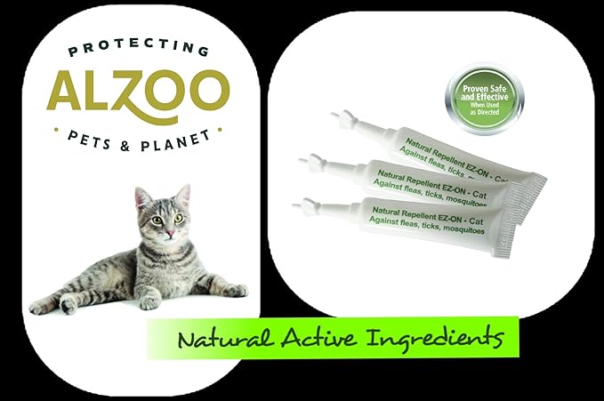 ALZOO Natural Flea & Tick Squeeze-On for Cats, Helps Repel Fleas, Ticks & Mosquitos, Up to 3-Months Protection, Plant-Based Active Ingredients, Water-Resistant, 3 EZ-On Applicators Per Pack
