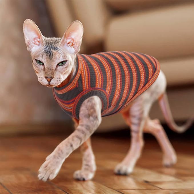 BRKURLEG Sphynx Hairless Cats Shirt Puppy Clothes Soft Cotton T-Shirts Cute Cats Pajamas Cat Stripes Vest Pet Sweater, Round Collar Vest Kitten Shirts(Red Stripes, S)