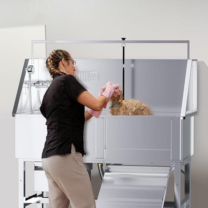 Dog Washing Station,Professional 46" Stainless Steel Dog Bathing Station Height Adjustable Dog Wash Station for Home Dog Grooming Tub Ramp, Drawer, Floor Grate & Fauct (R Ramp)