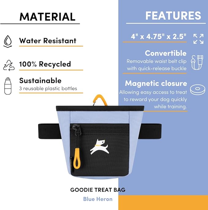 OllyDog Goodie Treat Bag, Dog Treat Pouch, Waist Belt Clip for Hands-Free Training, Magnetic Closure, Dog Training and Behavior Aids, Three Ways to Wear (Blue Heron)