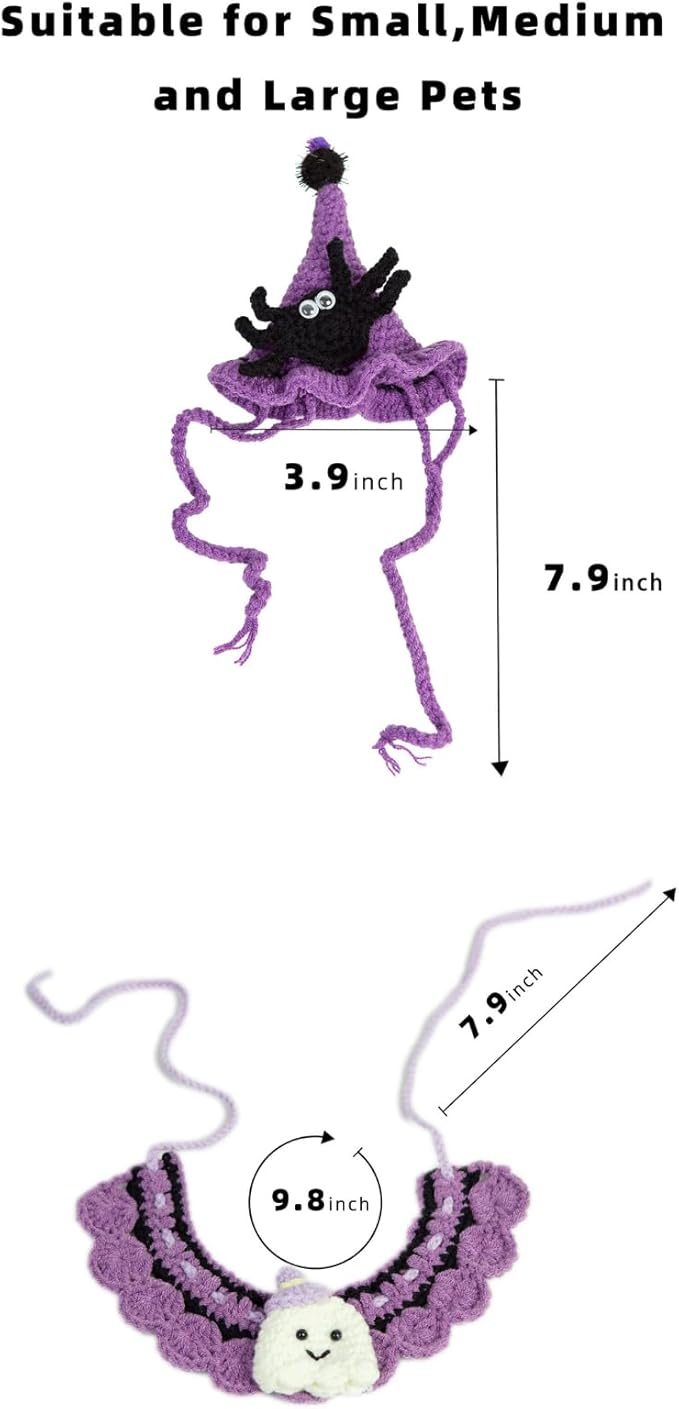 Halloween Cat Costume & Dog Outfit – Handmade Purple Witch Hat & Cute Ghost Cat Clothes, Adjustable Pet Outfit for Cats &Small Dogs, Lightweight & Breathable, Festive Pet Accessories