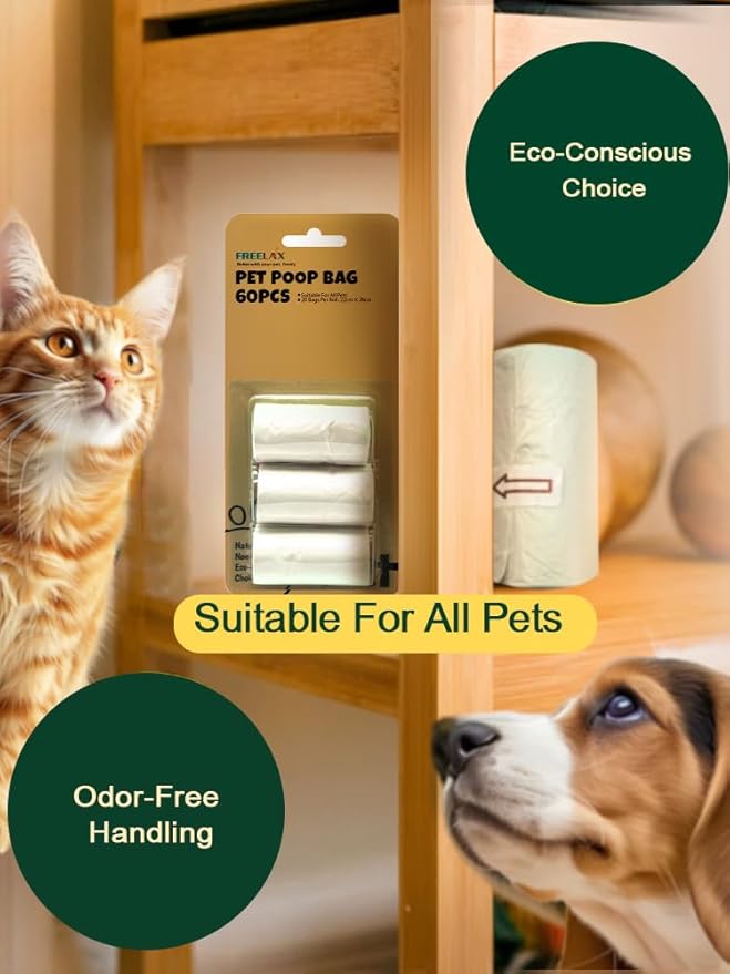 Biodegradable Dog Poop Bags - 60 Count, Durable & 100% Leak-Proof, Compostable Trash Bags for Dogs & Cats, Thick and Easy Open Rolls, Eco-Friendly Waste Bags (22cm x 28cm)