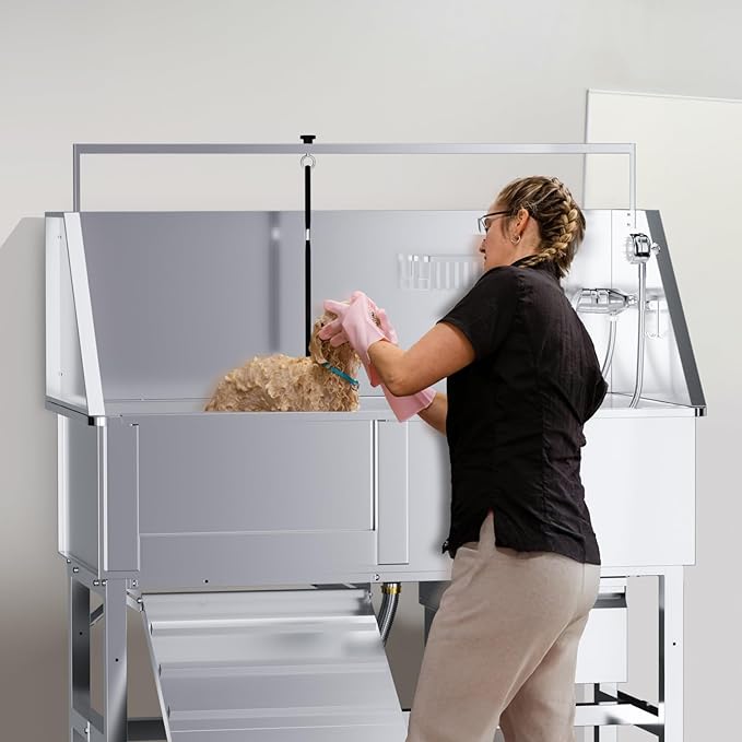Dog Washing Station for Home,Professional 46" Stainless Steel Dog Bathing Station Height Adjustable Dog Wash Station Dog Grooming Tub Stair, Drawer, Floor Grate & Fauct (Left Ramp)