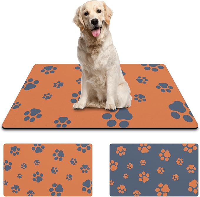 18"×30" Dog Food Mat-Absorbent Dog Mat for Food and Water, No Stains Quick Dry Cat Dog Food Bowl Mat Non Skid Dog Feeding Mat with Footprints for Messy Drinkers Orange