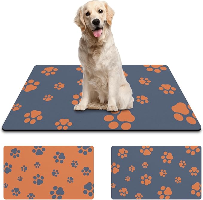 18"×30" Dog Food Mat-Absorbent Dog Mat for Food and Water, No Stains Quick Dry Cat Dog Food Bowl Mat Non Skid Dog Feeding Mat with Footprints for Messy Drinkers Blue