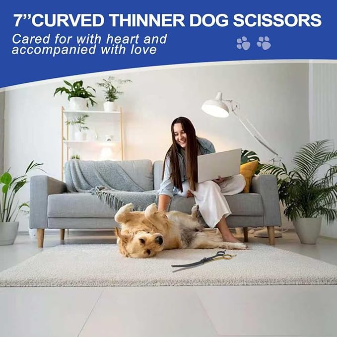 7" Curved Thinner Dog Scissor, Curved Chunker Scissors, 21 Teeth, 40% Thinning Rate, Professional Pet Shear for Groomer, Ergonomic Dog Grooming Scissor, Dogs Shear for Grooming