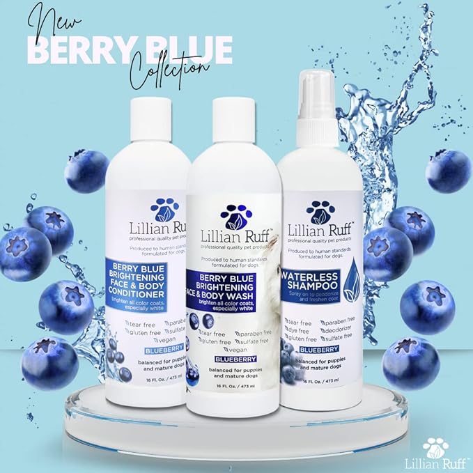 Lillian Ruff PRO Formula Blueberry Waterless Dog Shampoo & Berry Blue Brightening Conditioner - No-Rinse Odor Eliminator & Hydrating Whitening Conditioner Detangles, Restores Skin, Softness & Shine