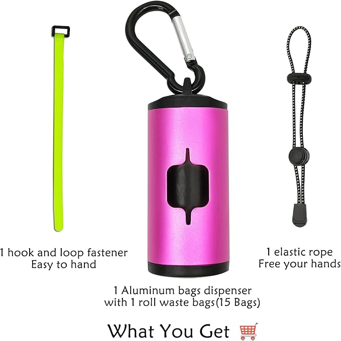 Aluminum Dog Poop Bags Holder with Carabiner Metal Pet Waste Bags Dispenser with Hook and Loop Fastener and Elastic Cord to Carry Used Bags(Pink, 1 Holder 15 Bags)