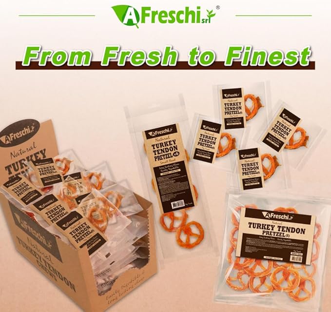 AFreschi Turkey Tendons for Dogs, USA-Sourced, Healthy Dog Treats, Rawhide-Free Puppy Chews, Long Lasting, All Natural, Hypoallergenic Dog Treats for Small Breeds, 6 Count Pack Pretzel (S)