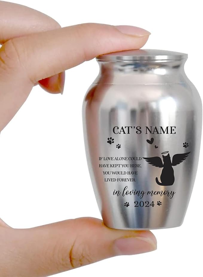 Artsy Woodsy Personalized Pet Memorial Cat Mini Urns - Stainless Steel Decorative Keepsake Urns for Ashes 2.56x1.77 inch - Gifts for Cat Mom Dad Lovers Accessories in Loving Memory Loss (02)