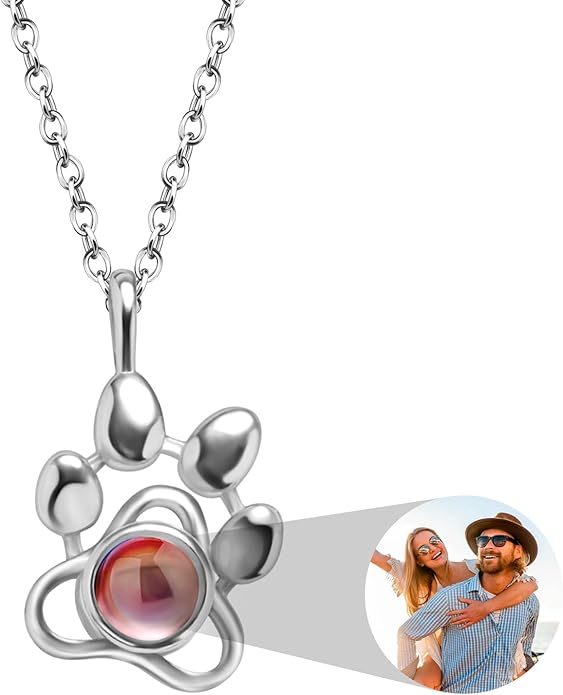 Personalized Picture Necklace with picture inside Custom Projection Necklace Cat/Dog Paw Print Pet Memorial Necklaces for Pet Lovers, Photo Gifts for Anniversary Dog Lovers