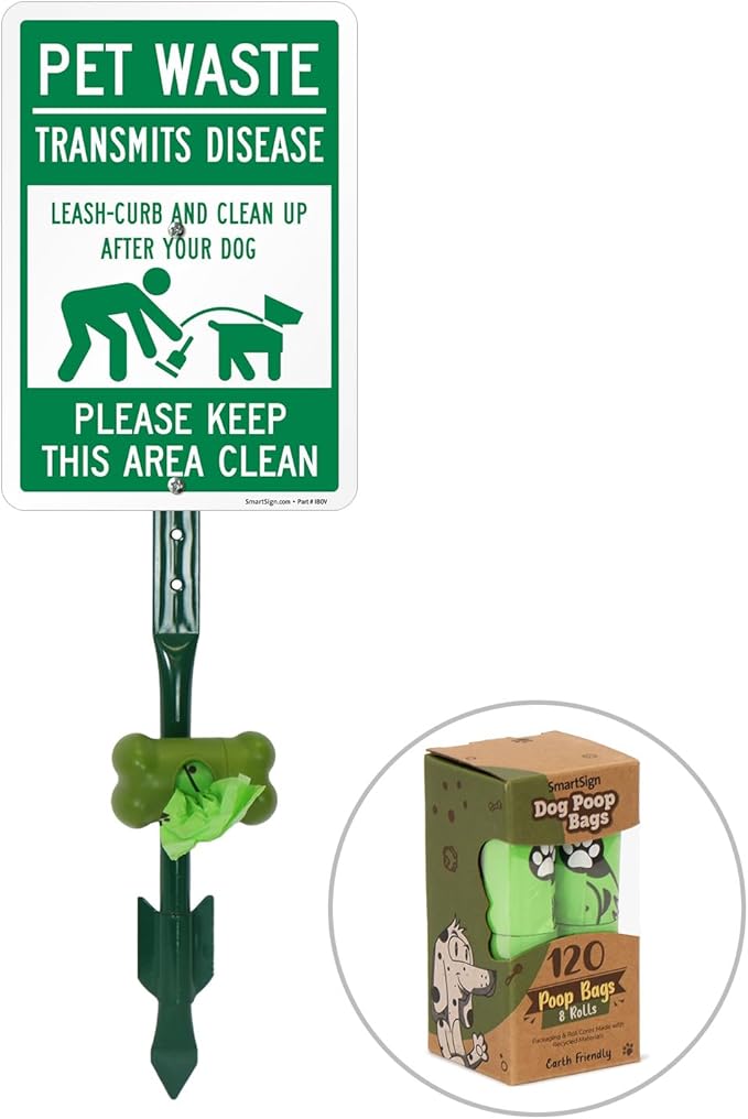 SmartSign Pet Waste Transmits Disease Leash/Curb/Clean Up Yard Sign & Clip-On Preloaded Dispenser Combo/Kit with 135 Dog Poop Waste Bags, 7"x10" Rust-proof Aluminum Sign with 18-inch Steel Stake