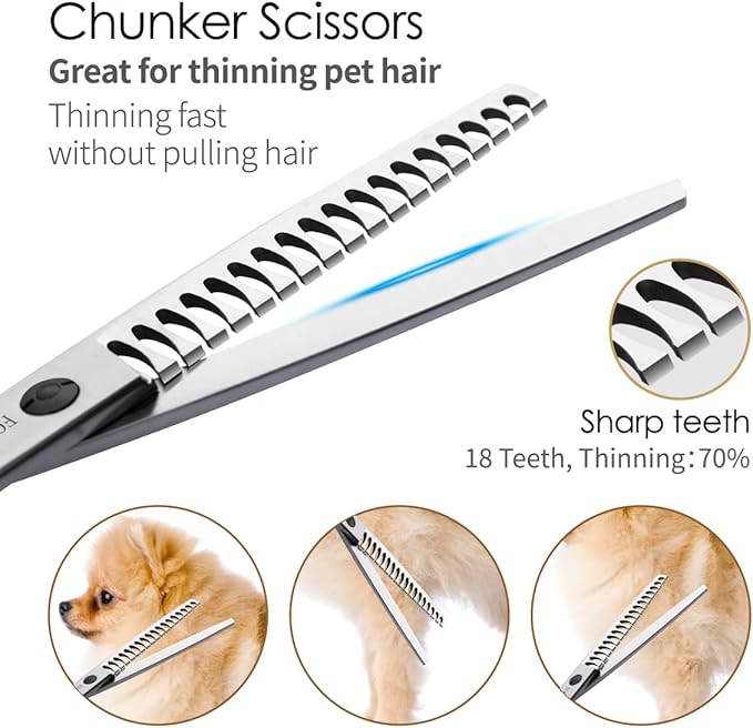 Professional Dog Grooming Scissors Kit 4pcs FOGOSP 7 inch Curved Thinning Straight Chunker Shears for Dogs Cat Pets (7 in Kit, Black)