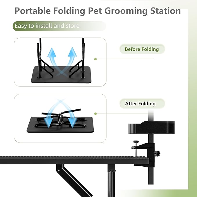 VFK 36''/47''Large Dog Grooming Table, Foldable Pet Station at Home, Dog Grooming Table,Adjustable Cat Drying Desktop with Arms, Nooses, Mesh Tray (Basic pet Table, 36" Black)