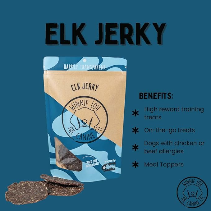 Winnie Lou Elk Jerky Dog Treats – Limited Ingredient, Human Grade, Training Treats for Small, Medium & Large Dogs, Made in USA (2 Pack)