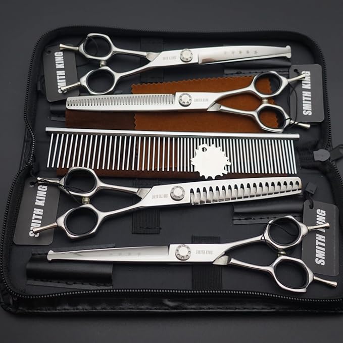 7 inches Safe Dog Grooming Scissors Set with Round Tip,Straight & Thinning & Curved Shears Set with comb for Dog & Cat Grooming human hair cutting (Black 4 in 1 with comb)