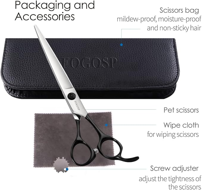 Professional Dog Grooming Scissors Straight 7" Grooming Shears for Cutting Small Pet Cat Thick Hair Japan 440C Stainless Steel Super Sharp Right Handed(7 in Straight, Black)
