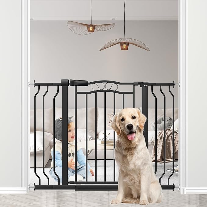 29.5-43.7" Wide Baby Gate for Stairs No Drilling, 30" Tall Metal Pet Baby Safety Gates with Expansion Kit, Press Mounted Pet Gate Indoor for Kids, Walk Through Dog Gates for Doorways, Black