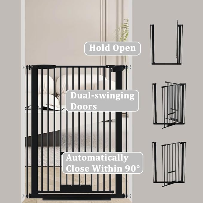 40.55" Tall 1.37" Ultra Narrow Spacing Dogs Pets Baby Gate with Door for Doorway Cat Safety Proof Indoor 57.68-73.43" Extra Wide Puppy Pressure Mounted Black Metal Hallway