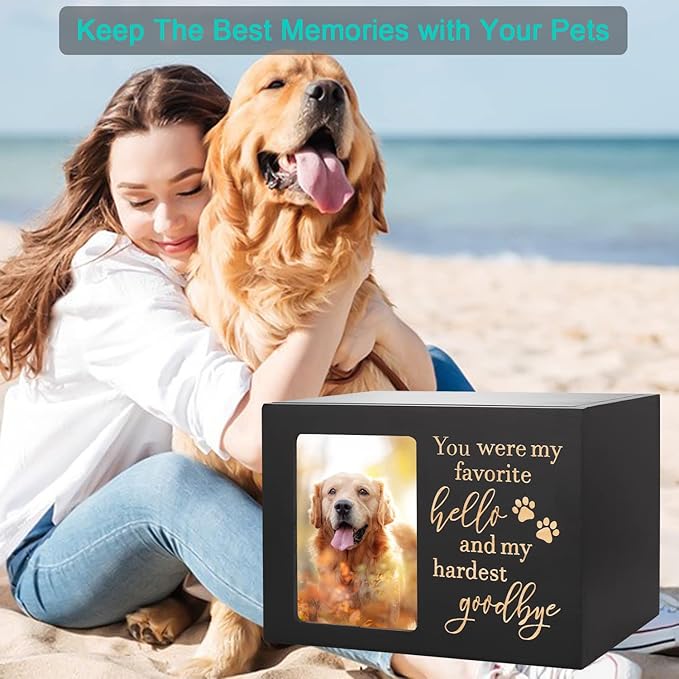 Pet Memorial Urns for Dog or Cat Ashes, Large Wooden Funeral Cremation Urns with Photo Frame, Keepsake Memory Box with Black Flannel Lining