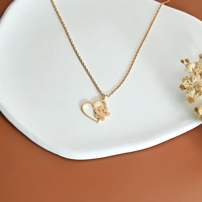 Customized Paw Print Necklace Personalized Pet Name Necklace Custom Engraved Dog Cat Paw Pendant Necklace Pet Memorial Gift for Pet Lovers