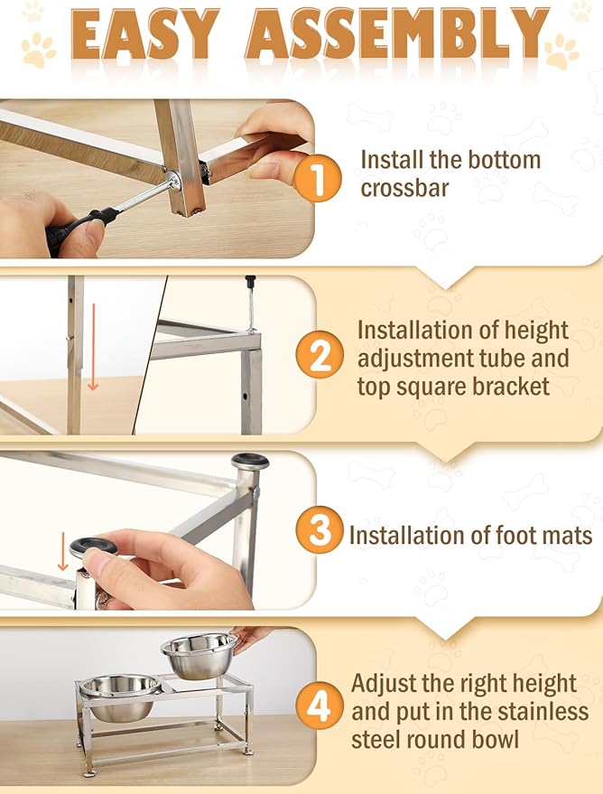 49OZ Full Metal Raised Dog Bowls for Small Dogs - 3 Height Adjustable (6.3'', 7", 7.7") Food Water Bowl, Stainless Steel Elevated Dog Bowl Feeder Station for Relief Joint Pressure