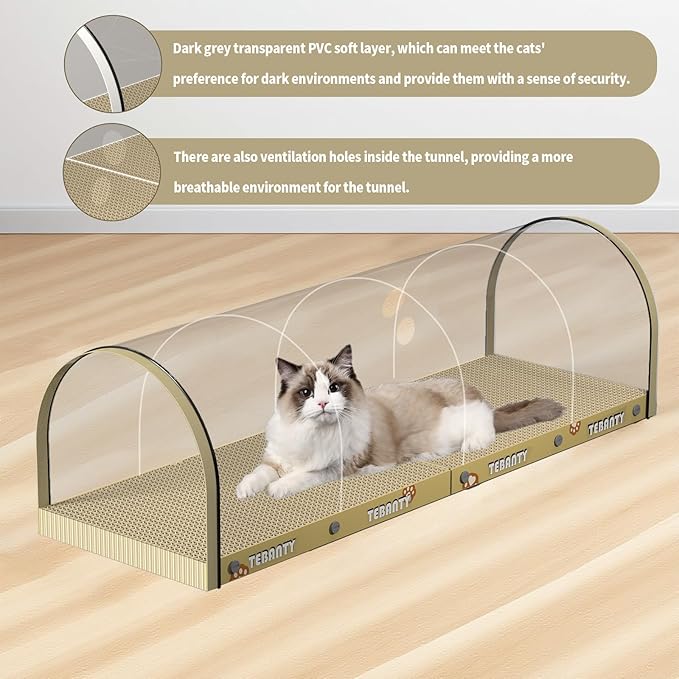 3 Function in 1 Cardboard Cat Scratcher Board, 31.5 in Cat Scratcher House, Cat Scratchers for Indoor Cats, Arched Cats Scratch Pad As Cat Bed, Cat Tunnel for Sleep, Grind Claws (Beige)