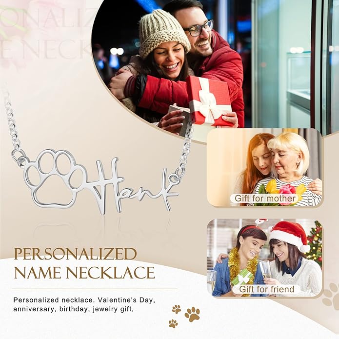 Customized Paw Print Necklace Personalized Pet Name Necklace Custom Engraved Dog Cat Paw Pendant Necklace Pet Memorial Gift for Pet Lovers