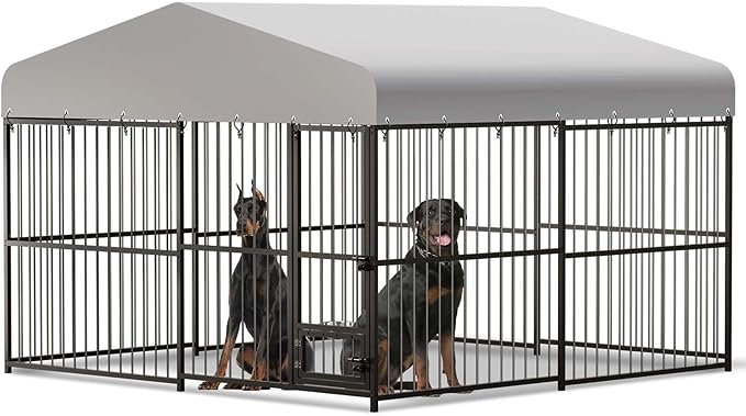 10 x 10FT Large Dog Kennel, Heavy Duty Metal Outdoor Dog Kennel, Outside Dog Playpen with Roof & Feeding Door