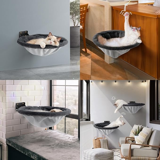 Cat Hammock Wall Mounted, Foldable & Stable Cat Beds- Breathable Cats Wall Shelves for Sleeping, Playing, Climbing, and Lounging - Maximum Hold Up to 30lb(Gray,Faux Rabbit Fur)