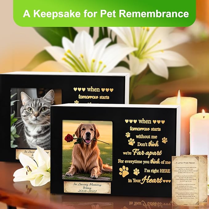 Waterproof Wooden Memorial Pet Keepsake Urn,Crafted Pet Urns for Dog or Cat,Pet Ashes Box with Photo Frame,Poem,Personalized Name Tag&Blank Condolence Card,Flannel Bag Pet Sympathy Remembrance Gift