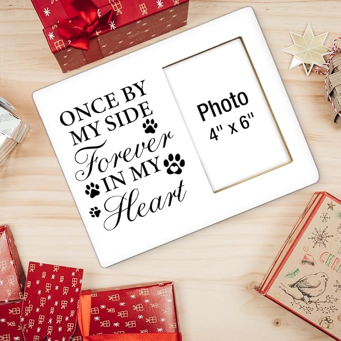 Dog Memorial Gifts Picture Frame, Pet Memorial Gifts for Dogs, Lost of Pet Sympathy Present, Once by My Side Forever in My Heart Wood Photo Frames with Paw Print, 4 x 6 Inch Photo