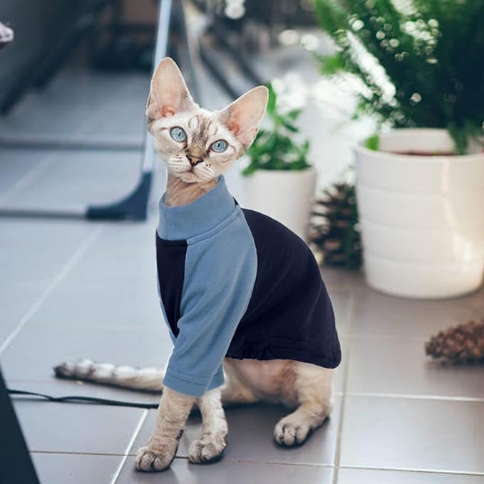 T'CHAQUE Cat Pajamas - Soft Cat Clothes& Shirts & Pajamas with Sleeves, Stretchy Sweater, Pullover Kitten Clothes, Blue, X-Large