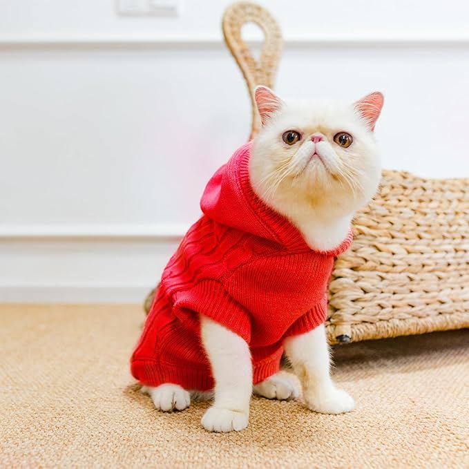 PUPTECK Winter Dog Cat Sweater Coat - Soft Cold Weather Clothes Knitwear for Kitties & Small Dogs Indoor Outdoor Walking Warm, Knitted Classic for Doggies Kitties Girls Boys, Red S