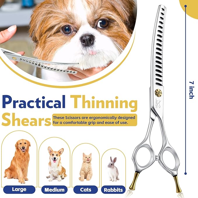 JASON Dog Scissors for Grooming - 7" Up-curved Chunker Shears with 65%-70% Thinning Rate, Professional Japanese 440C Stainless Steel Dog Grooming Chunkers with Adjustable Screw (18 Teeth, Silver)