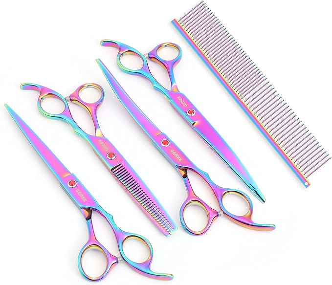 7.0in Titanium Rainbow Professional Pet Grooming Scissors Set, GEMEK 6 in 1 Straight & Thinning & Upwards Curved & Downwards Curved Scissors & Comb for Dogs, Cats (Rainbow)