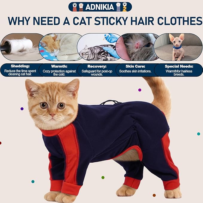 Cat Pajamas for Cats Only, Sticky Hair Cat Clothes, Long Sleeve Sphynx Clothes, Anti-Licking or Skin Disease Recovery Suit for Female Cats, Kitten Onesie Pajamas, DarkBlue, XL