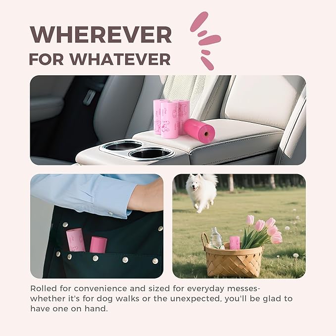 Pink Poop Bags for Dogs - 128 Count, 60% Recycled Plastic Baby Powder Scented Dog Poop Bags - Easy-Peel Sticker, Leak-Proof, Extra Strong & Thick - Perfect for Diapers, Cat Litter (8 Rolls)